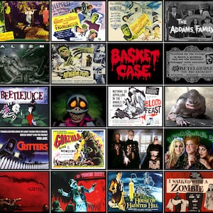 May include: A collage of vintage horror movie posters, featuring titles like "The Addams Family," "Alien," "Beetlejuice," and "Godzilla." The posters showcase various monsters, creatures, and eerie scenes, with bold typography and vibrant colors.
