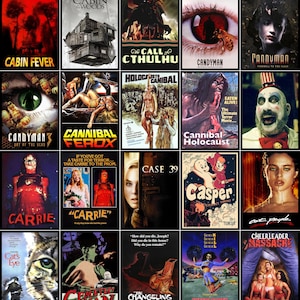May include: A selection of horror film posters, including titles such as "Cabin Fever," "Candyman," "Carrie," and "Casper." The posters showcase diverse scenes and characters, with a variety of colours and styles, representing the different themes within the horror genre.