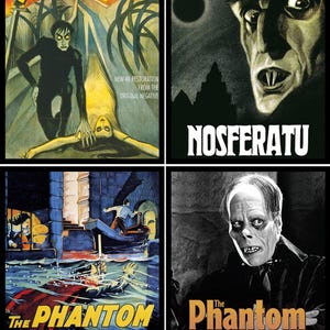 May include: Four vintage movie posters. "The Cabinet of Dr. Caligari" features a stylized figure and text. "Nosferatu" shows a vampire's face. "The Phantom of the Opera" has a boat scene. "The Phantom of the Opera" shows a man in a mask.