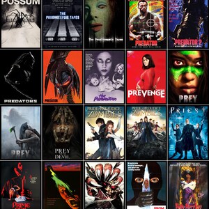 May include: A selection of horror film posters, including "Predator," "Prey," and "Prom Night." The posters showcase diverse colour schemes and graphic designs, with imagery of creatures, actors, and foreboding scenes. The collection includes text.