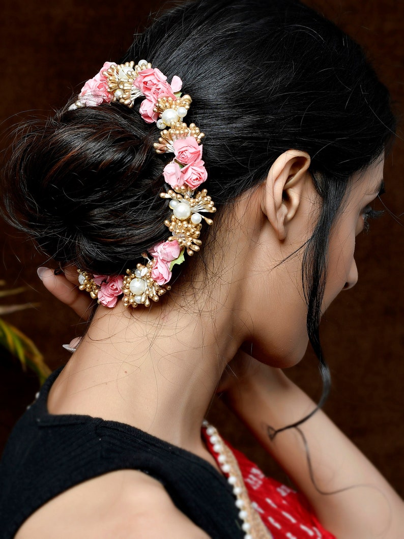 Flower Gajra, Mogra Flower Hair Accessory, Bun Gajra, Indian Wedding, Indian Dance Recitals, South Indian Gajra, Pink Veni image 1