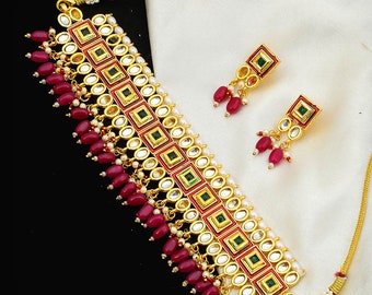 Indian Kundan Choker Jewelry Set for wedding| Brides Jewelry Set for women| Engagement Bridal Jewelry| Statement Necklace| Red Jewelry Se