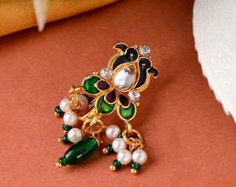 Gold-Plated Green and White Stone Studded Meenakari Nose Pin, Indian Wedding Bridesmaid Traditional Pearl Nose ring