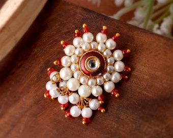 Gold-Plated Red-White Stone-Studded-Beaded Meenakari Marathi Nose pin, Marathi nose ring/ Ethnic Jewelry.