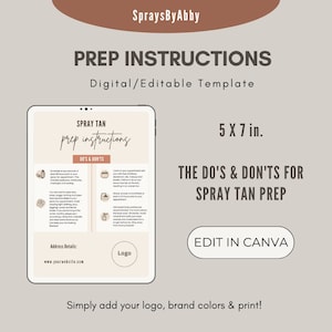 Spray Tan Prep Template, Spray Tan Prep Card, Editable Spray Tan Card, Tan Care Card, Spray Tan Prep, Tanning Prep Card