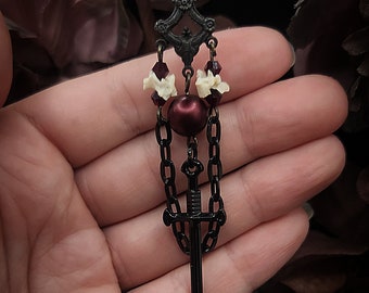 Real Vertebrae Gothic Dark Fantasy Red Glass Bead Sword Necklace
