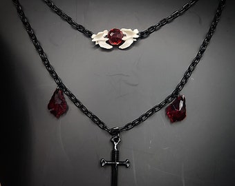 Real Vertebrae Gothic Dark Fantasy Red Glass Bead Sword Layered Necklace