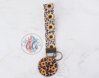 Leopard Sunflower Faux Leather Wristlet Keychain, Fall Accessories