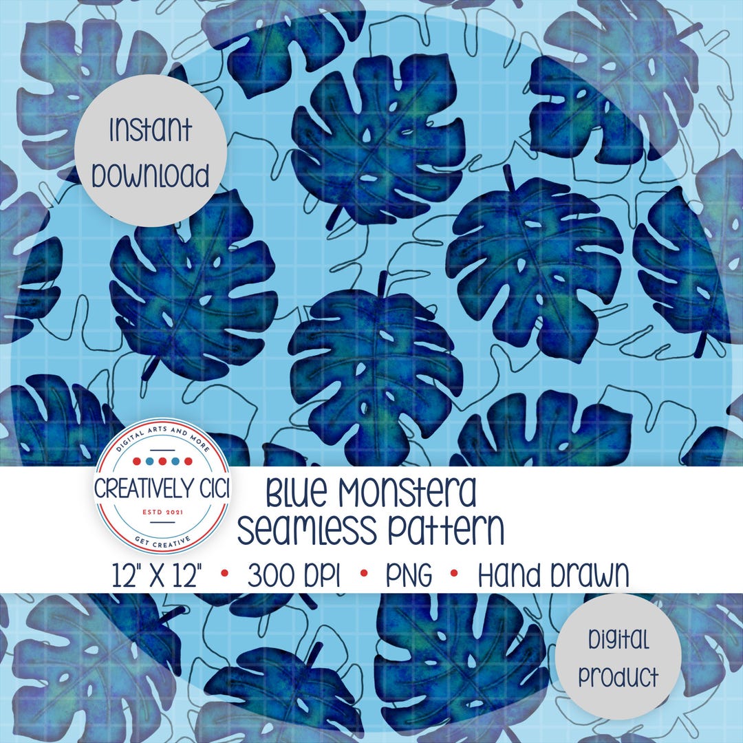 Blue Monstera Seamless Pattern PNG, Tropical Watercolor Leaves Digital ...
