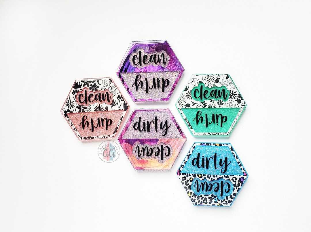 Clean Dirty Dishwasher Glitter Acrylic Hexagon Magnet, Rotating ...