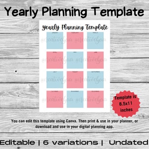 Year at a Glance Calendar Template, Yearly Planner Printable, Planner Templates Canva, Planner Pages, Yearly Event Planner Sheets, Planning