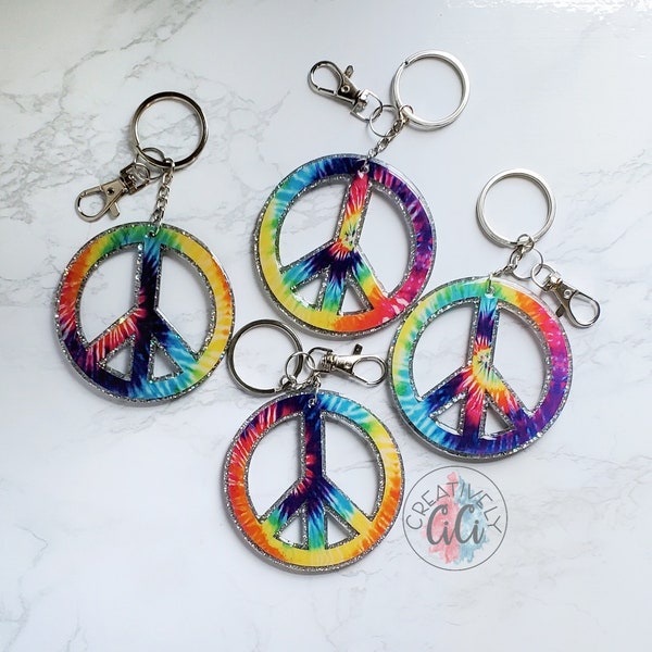 Peace Sign Keychain, Hippie Key chain, Rainbow Key ring, Tie Dye, birthday gift for her, purse charm bag tag, Summer accessories for women