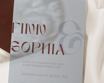 Wedding Invitation Suite Blue/ Mocha Modern Type Design THE SHORE COLLECTION