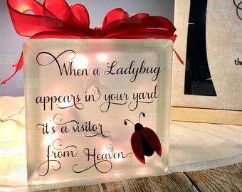 When a ladybug appears in your yard it's a visitor from Heaven Glass block, memorial home decor memory blocks birthday anniversary