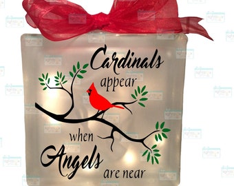 Cardinals appear when Angels are near etched Glass block, memorial home decor memory blocks birthday anniversary, in memory of, tribute