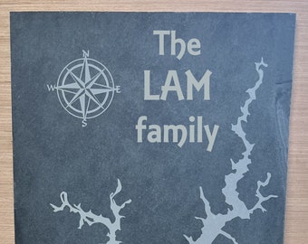 Lake map with your choice of lake and personalization laser engraved on 12"x24" slate