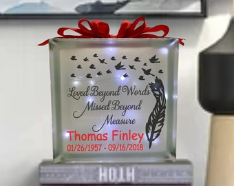 Loved beyond Words Missed beyond Measure etched lighted glass block, memorial, personalized, memory box, in memory of condolence gift