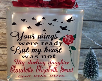 Your Wings were ready but my heart was not lighted glass block box etched, memorial, personalized, rose, loss of, customized, in memory of