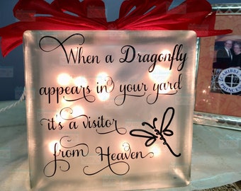 When a dragonfly appears in your yard it's a visitor from Heaven Glass block, memorial home decor memory blocks birthday anniversary