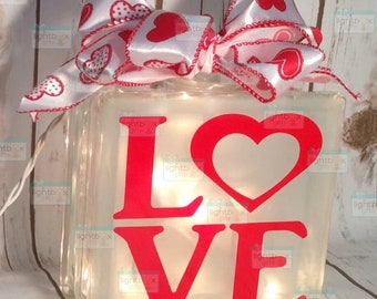 Love with O as heart etched lighted glass block gift for wedding, anniversary, birthday Valentine's day Christmas