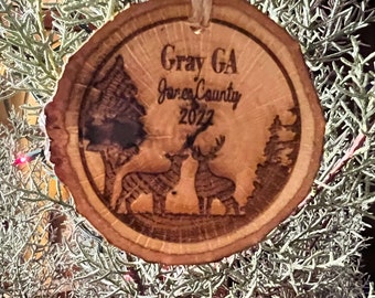 Personalized Wood laser engraved ornament corporate company Secret Santa Holiday deer trees