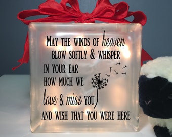 May the winds of Heaven blow softly etched Glass block, memorial home decor memory blocks birthday anniversary, memorial gift