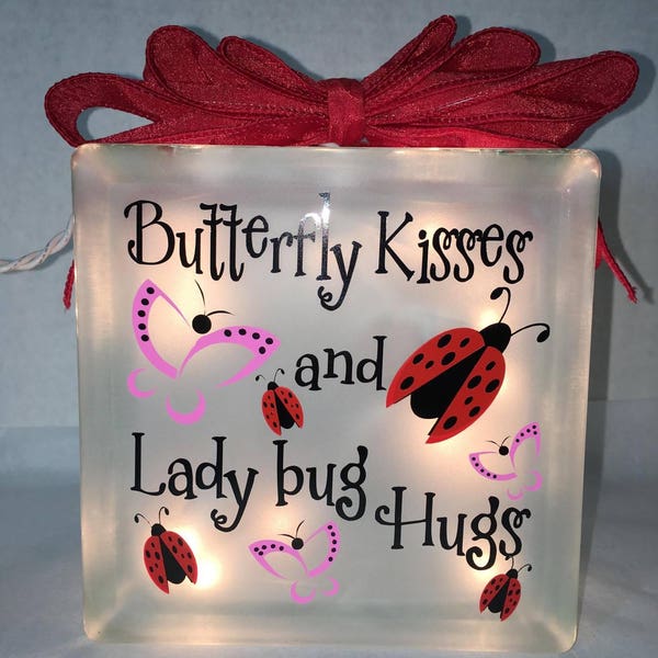Butterfly kisses and Lady bug Hugs etched light glass block box cube, Ladybug Love gift for her, child, home decor, nightlight, night light