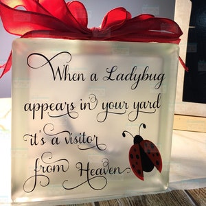 When a ladybug appears in your yard it's a visitor from Heaven Glass block, memorial home decor memory blocks birthday anniversary image 3