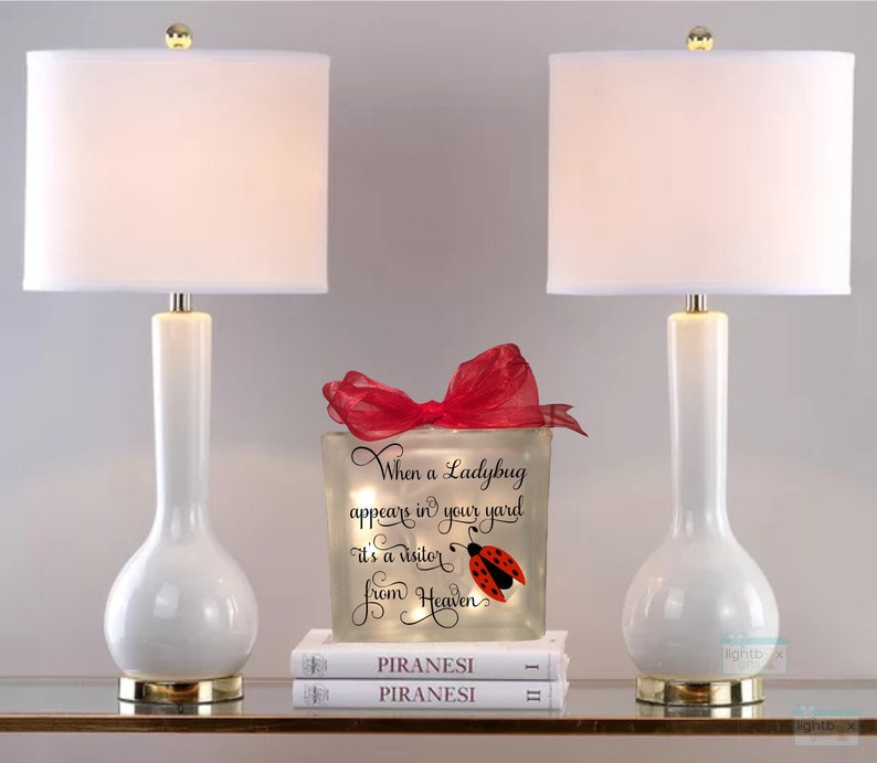 When a ladybug appears in your yard it's a visitor from Heaven Glass block, memorial home decor memory blocks birthday anniversary image 2