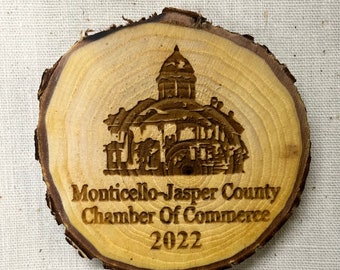 Business logo personalized laser engraved wood round disk company corporate gift ornament keepsake made in USA America