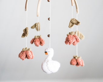 Baby swan and flower mobile, hanging cot mobile for a fleural nursery girl's decor