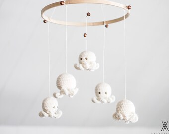 Octopus baby mobile for nursery, ocean crochet baby cot mobile under the sea theme