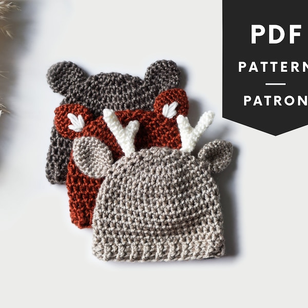 Crochet Baby Hat Animal Patterns of a Deer, Fox and Bear Newborn Woodland Beanies
