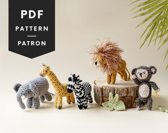 Gehaakte safaridierenbundel, mini-amigurumi van leeuw, giraffe, aap, zebra en olifant