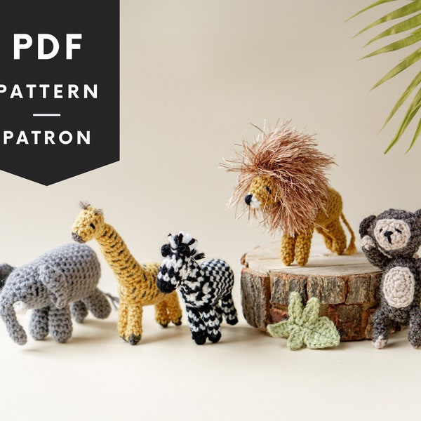 Crochet safari animals bundle, mini amigurumi of lion, giraffe, monkey, zebra and elephant