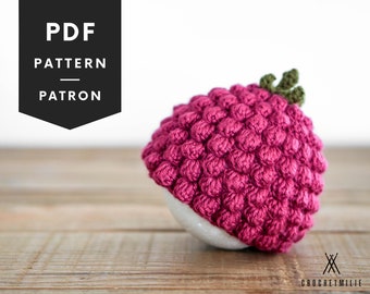 Crochet Hat Patterns, Raspberry Hat, Baby Crotchet Hat, Fruit Shape Hat For Kids, Raspberry Beret, Beanie Pattern, Winter Hat Pattern, #024
