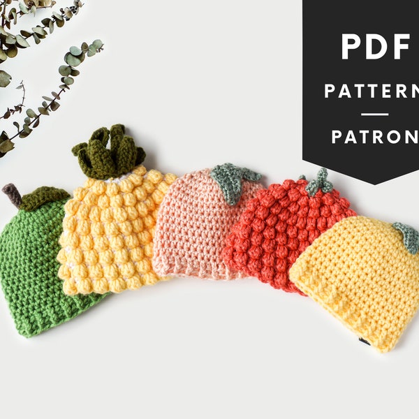 Crochet fruit hat pattern for baby, lemon, blueberry, apple, pineapple, peach and raspberry beanies