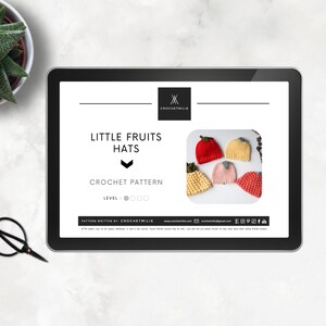 May include: A digital download crochet pattern for making little fruit hats. The pattern is labeled "Little Fruits Hats" and includes a photo of five crocheted hats shaped like strawberries, lemons, and peaches.