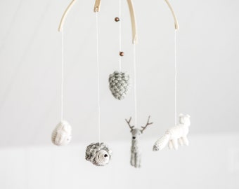 BABY MOBILE " Dreaming in the woods " - woodland theme nursery - crochet - knit baby mobile - rustic - neutral - baby shower gift - wool