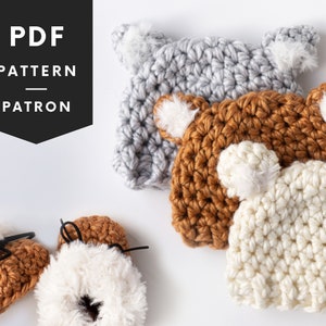 May include: Three crocheted hats with fuzzy ear accents and a pair of crocheted booties with fuzzy trim. The hats are in gray, brown, and white. The booties are brown with white trim. The text "PDF PATTERN PATRON" is in the upper left corner of the image.