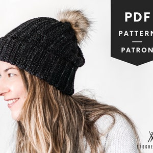 Crochet slouchy beanie pattern, crochet pompom hat pattern, looks like knit