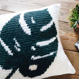 Crochet Monstera Pillow Pattern, Tropical Leaf cushion easy tapestry crochet pattern image 2