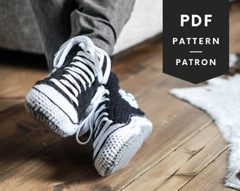 PATRON souliers au CROCHET en francais ou anglais pantoufles à la mode - idée cadeau - pour hommes & femmes - moderne - style converse - 001