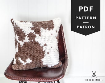 PATRON au CROCHET #051--Coussin peau de vache 18 X 18 - PDF - Decor rustique - Brun et Blanc - decoratif - campagne