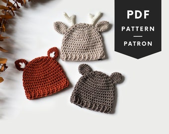 Crochet Woodland Animal Hats Pattern: Bear, Fox, Deer (PDF Pattern)