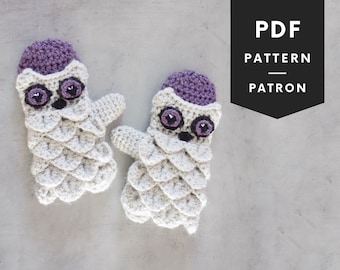 Crochet owl mittens pattern for kids | fingerless animal gloves for girl