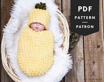 Crochet Pineapple Baby Cocoon Set Pattern, Photoshoot Newborn Fruit Outfit