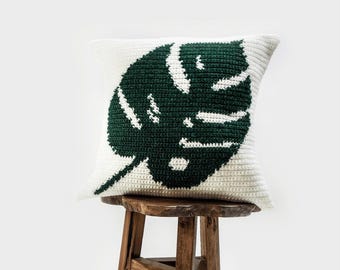 Crochet Monstera Pillow Pattern, Tropical Leaf cushion easy tapestry crochet pattern