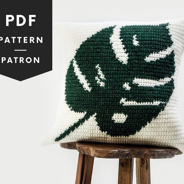 Crochet Monstera Pillow Pattern, Tropical Leaf cushion easy tapestry crochet pattern