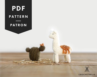PATRON au CROCHET #045 - Lama et cactus - PDF Francais ou anglais - mini amigurumi - pour mobile bebe theme lamas - animal au crochet